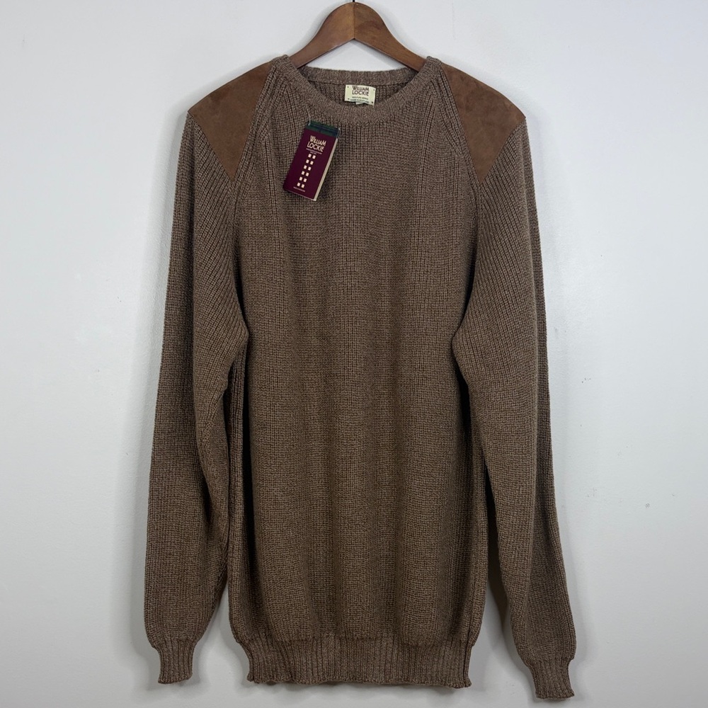 New William Lockie Sweater Mens 50 XXL Brown Merino Wool Suede Patches Scotland